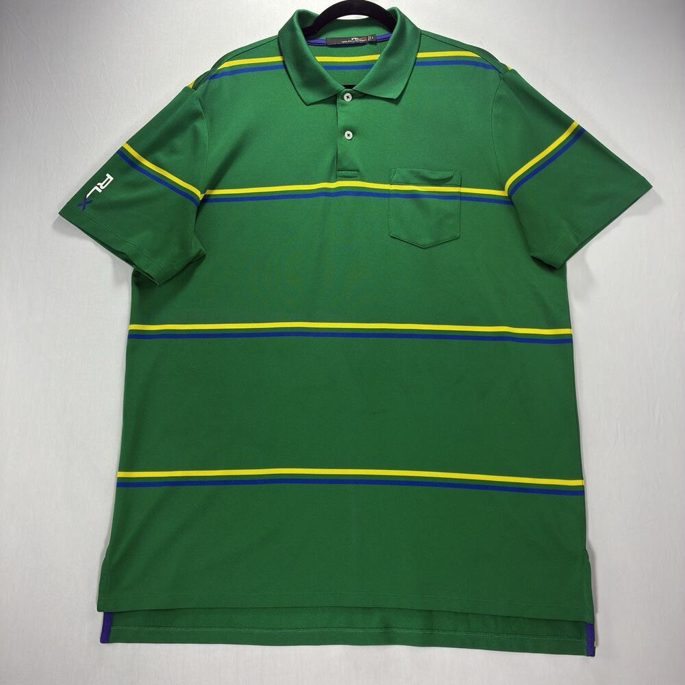 RLX Ralph Lauren Men’s Large Golf Polo Shirt Green Striped Pocket Stretch